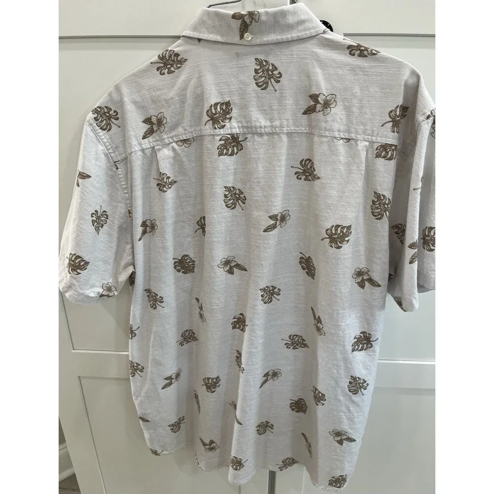 Hurley Men's Tropical Hawaiian Button Up Shirt White Brown Leaf Floral L
